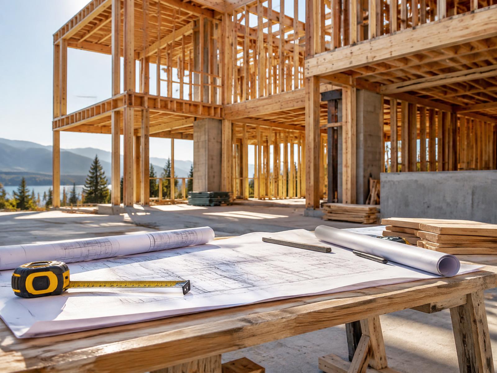 Organized construction plans at an active building site