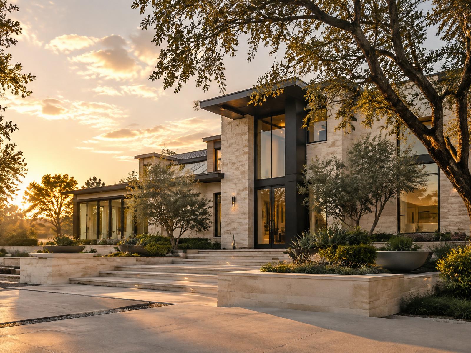 Modern residence built with refined stone and metal detailing